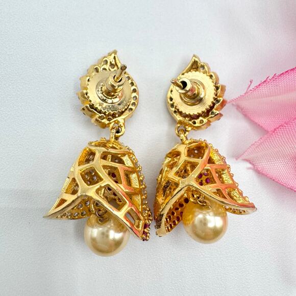 Jeweled Jhumka Drop Earrings Bell Chime Sound India Wedding CZ Ruby? Occasion - Picture 6 of 11